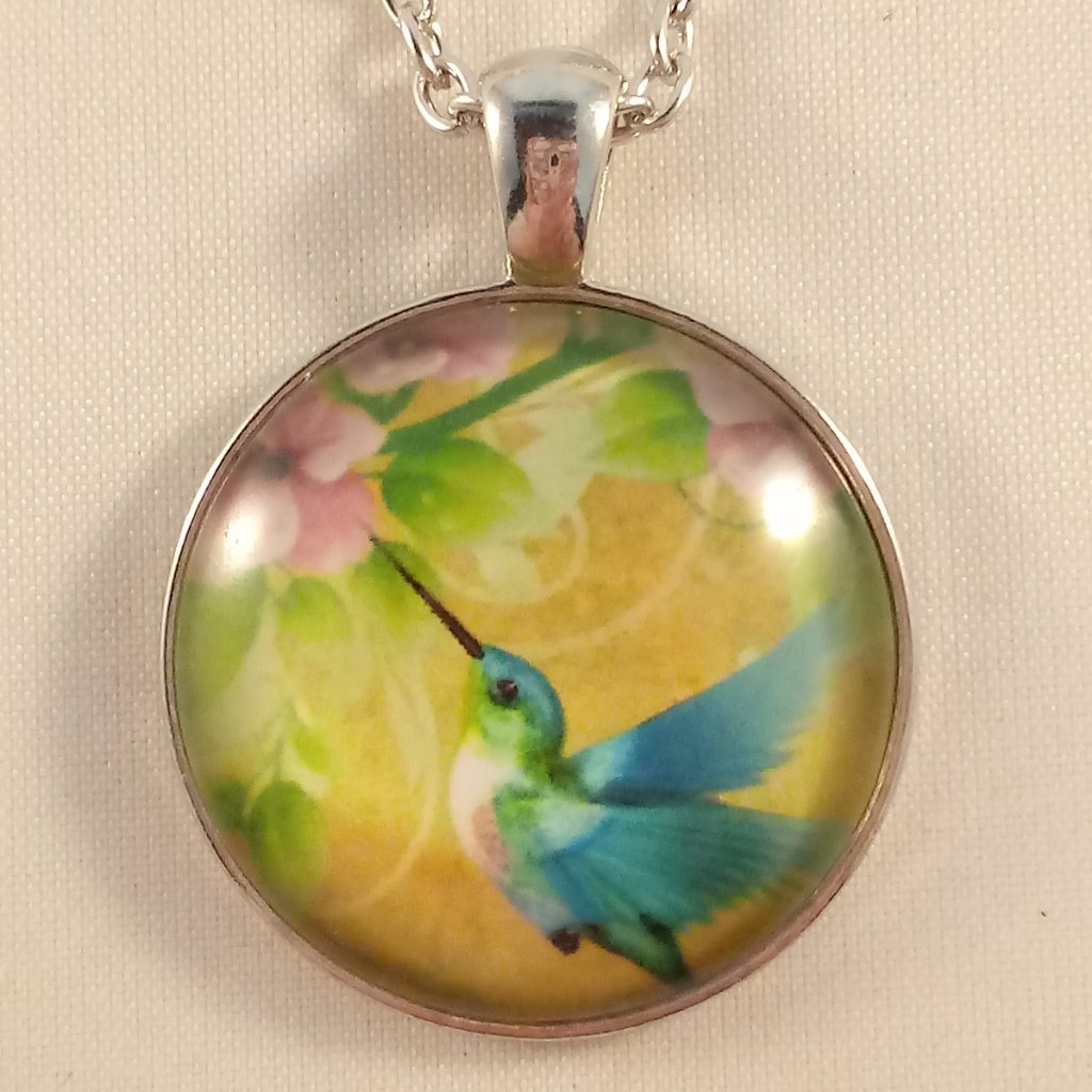 Silver Hummingbird Flower Cabochon Pendant Necklace 20 Party Gift 20$